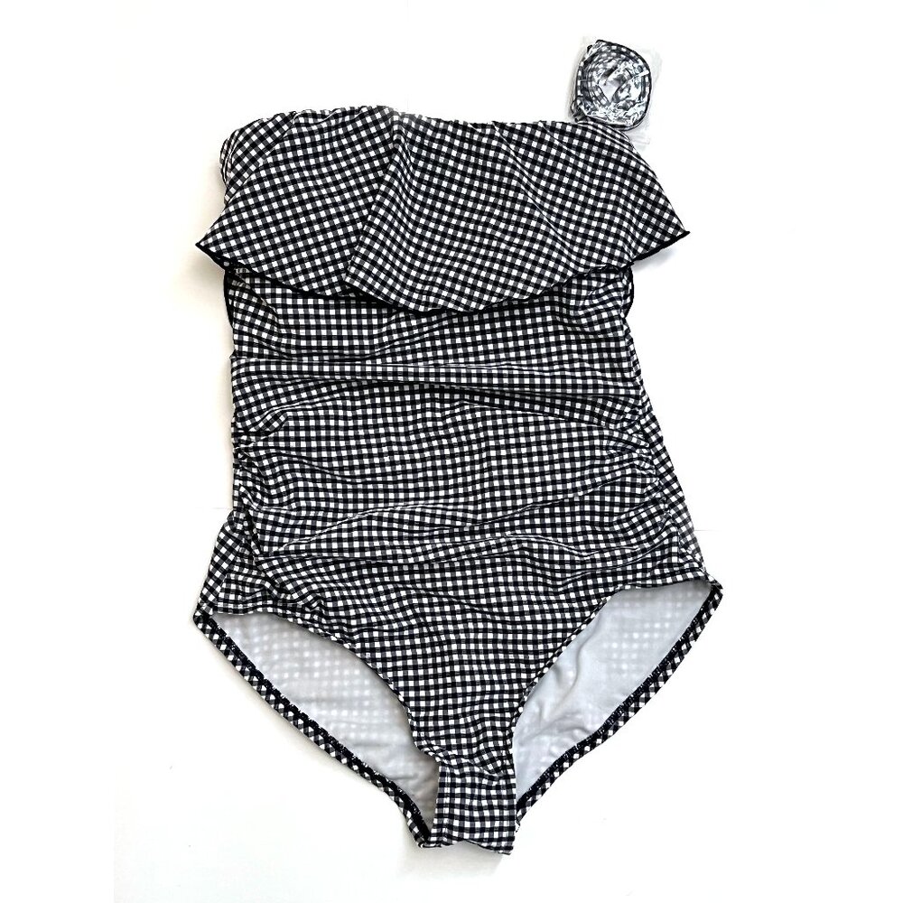 Kona Sol Flounce Blue Gingham Plaid One Piece Convertible Straps Swimsuit Sz 18W